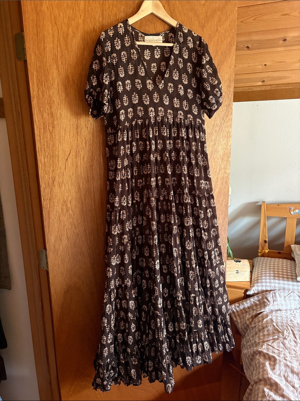 Daughters of India “Chaya” Tiered Maxi Dress — Eggplant Block Print, Size S